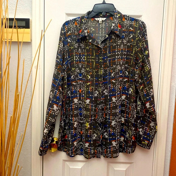Cabi  Black Flowy Sheer Abstract Design Button-Down Blouse Top Shirt  Size L - Picture 1 of 5